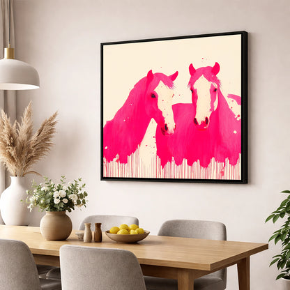 Vivid Magenta Pair horse landscape wall art displayed in a dining room