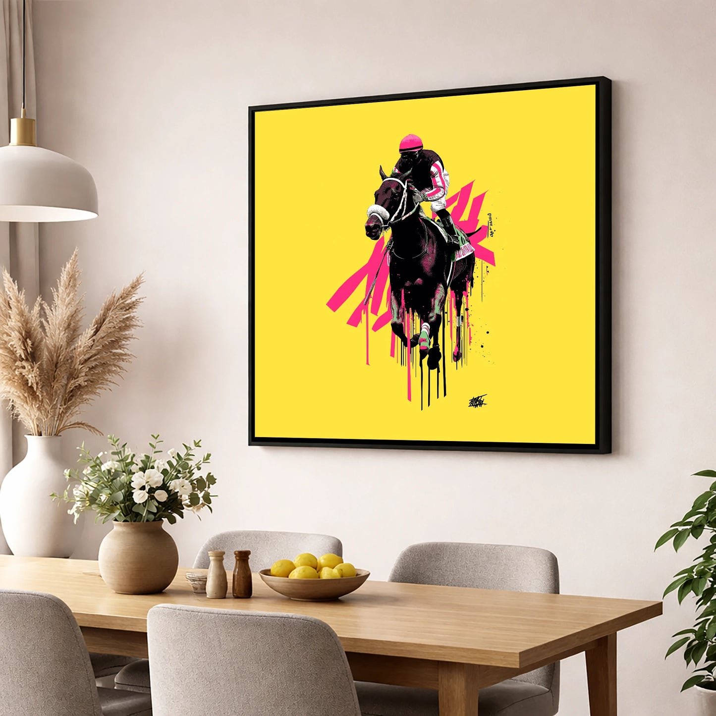 Neon Gallop racing horse wall art displayed in a dining room