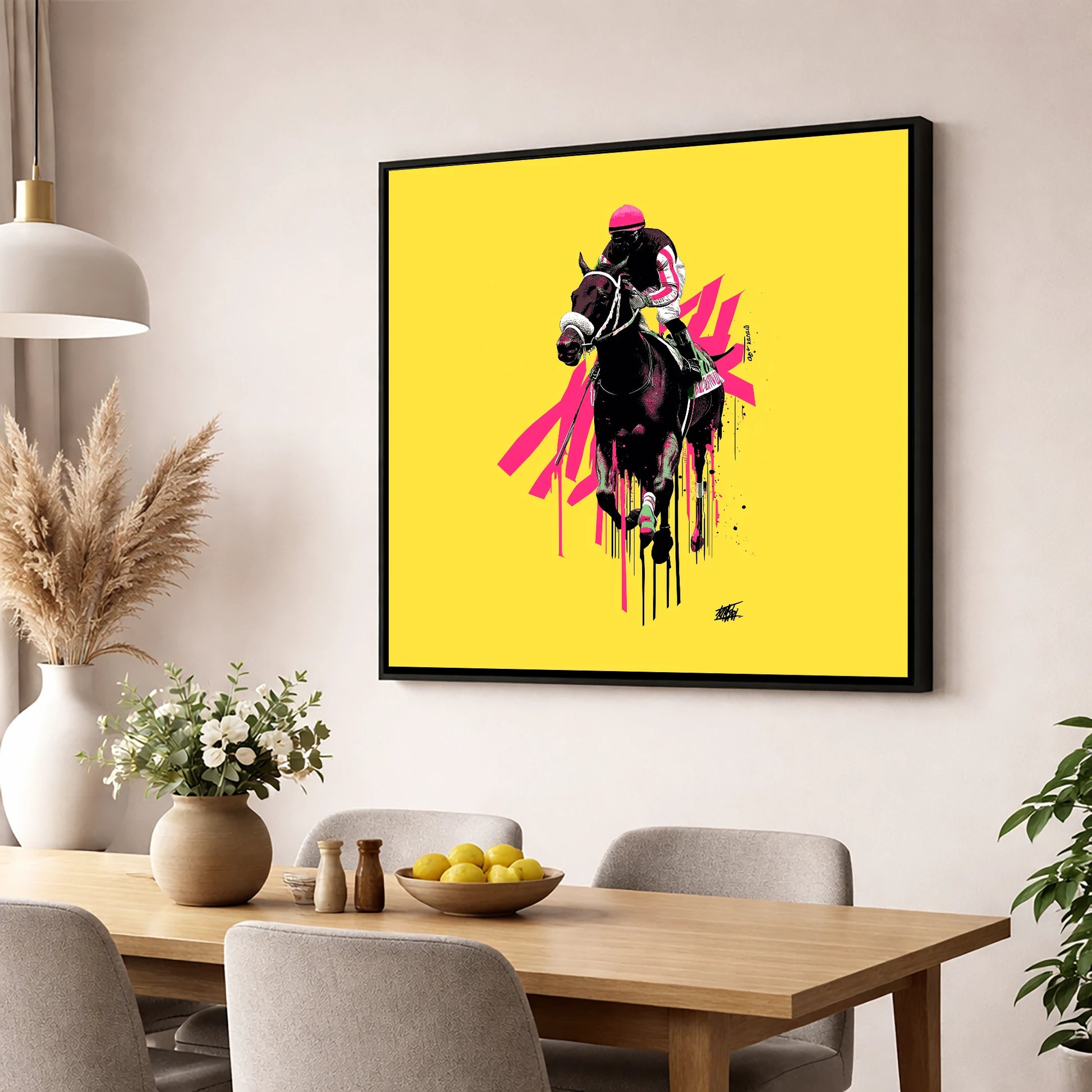 Neon Gallop racing horse wall art displayed in a dining room