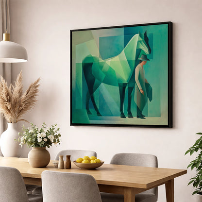 Emerald Geometry horse & rider wall art displayed in a dining room