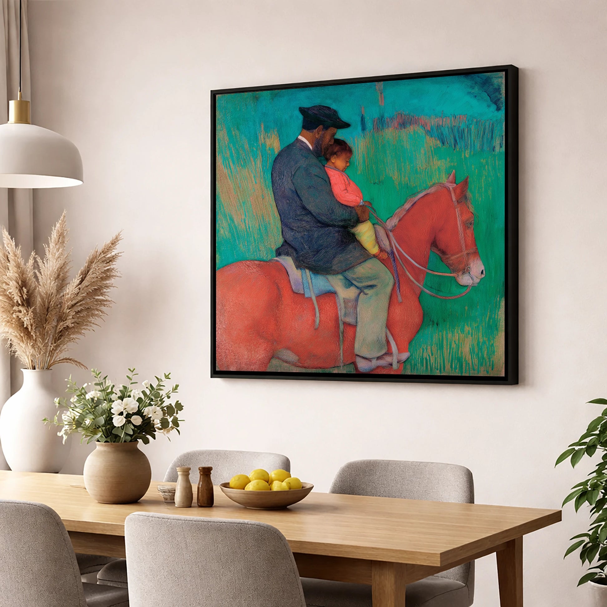 The Shared Ride horse & rider wall art displayed in a dining room
