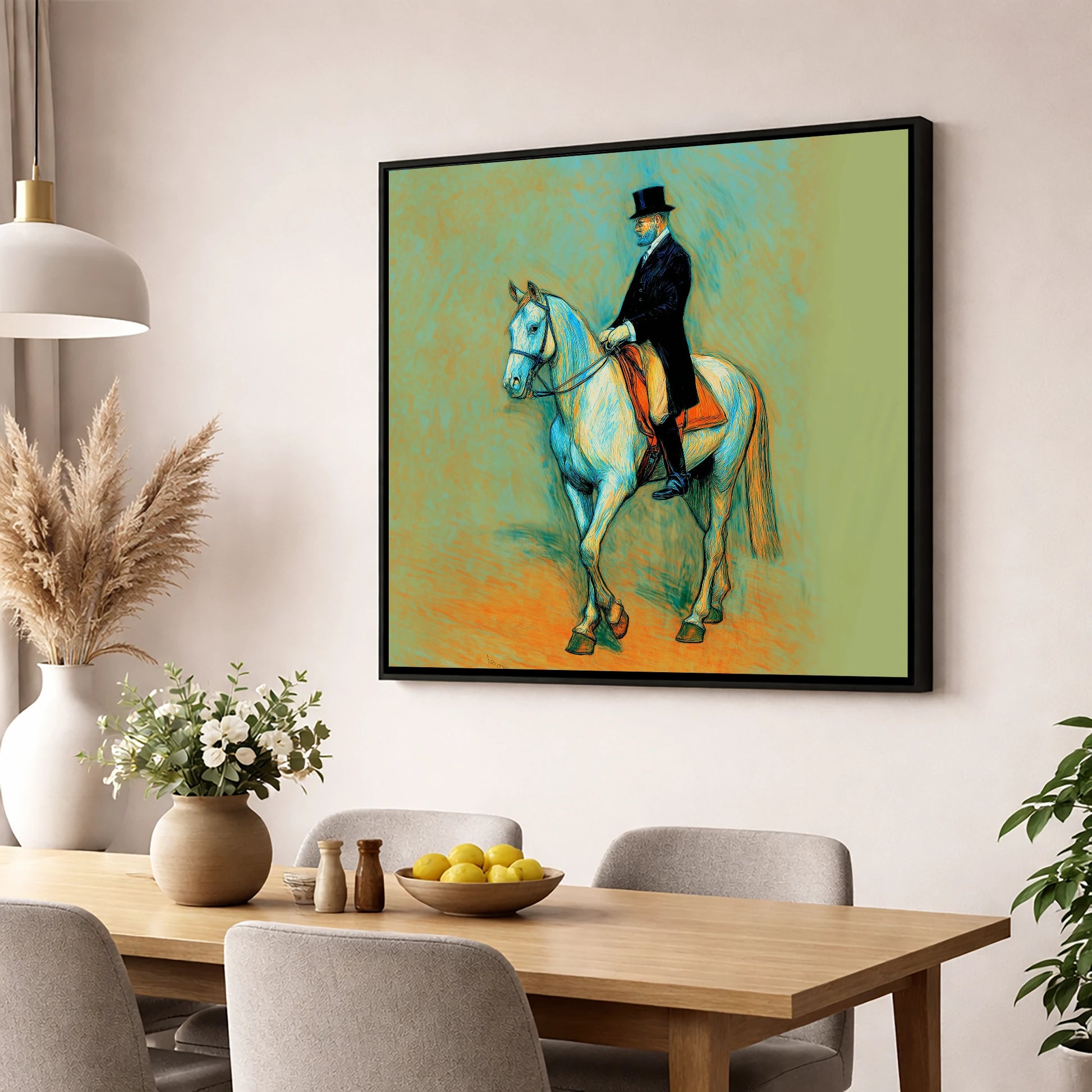 The Classical Master dressage horse wall art displayed in a dining room