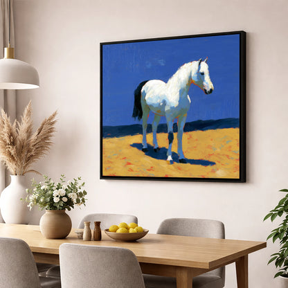 Sunlit Grey horse breed wall art displayed in a dining room