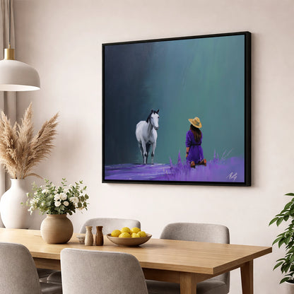 Silent Communion horse & rider wall art displayed in a dining room