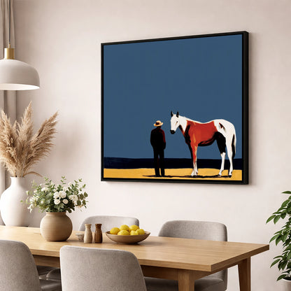 The Quiet Horizon horse & rider wall art displayed in a dining room