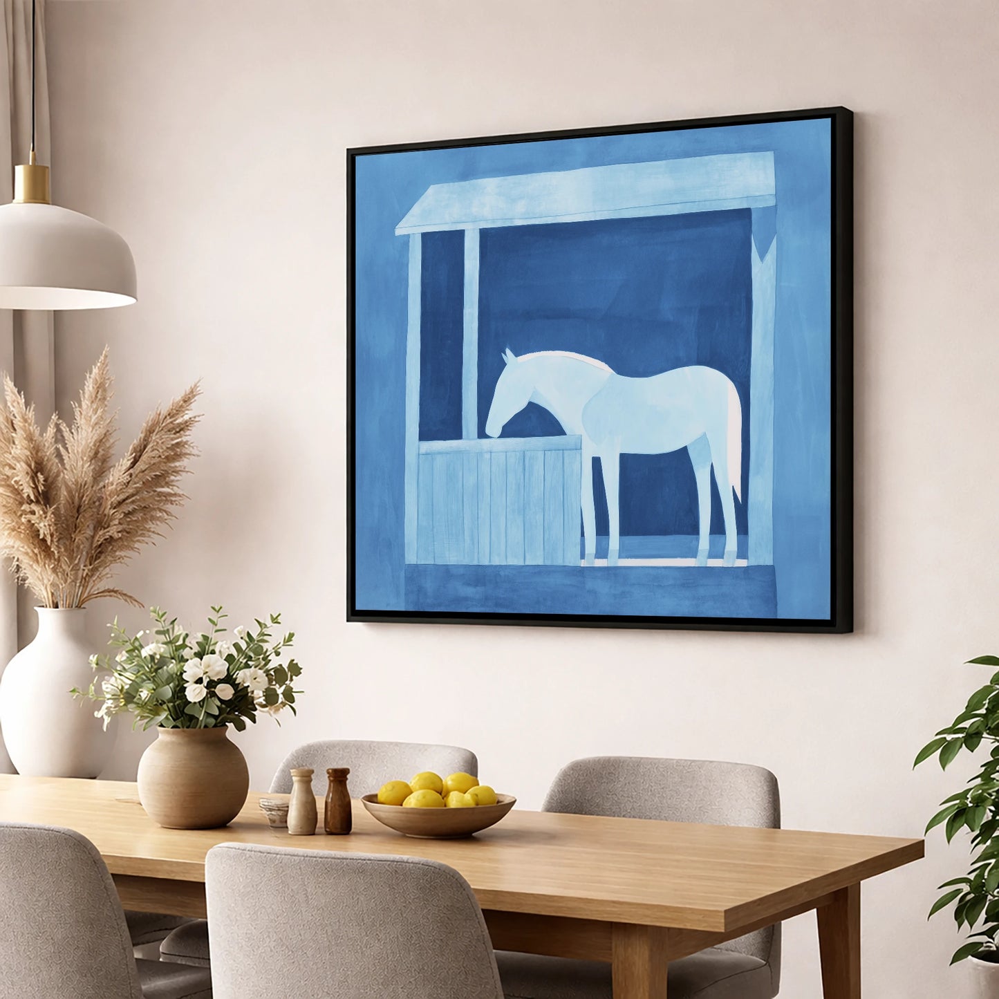 Indigo Solitude horse stable wall art displayed in a dining room
