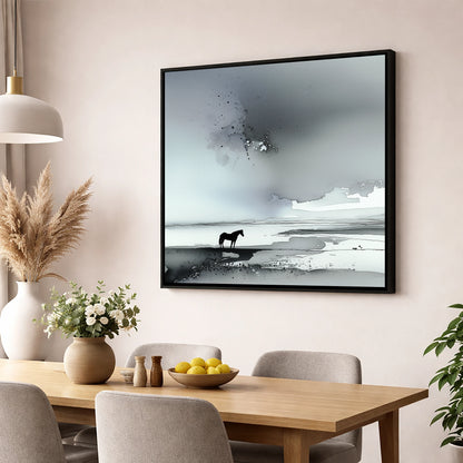 Solitary Horizon horse landscape wall art displayed in a dining room