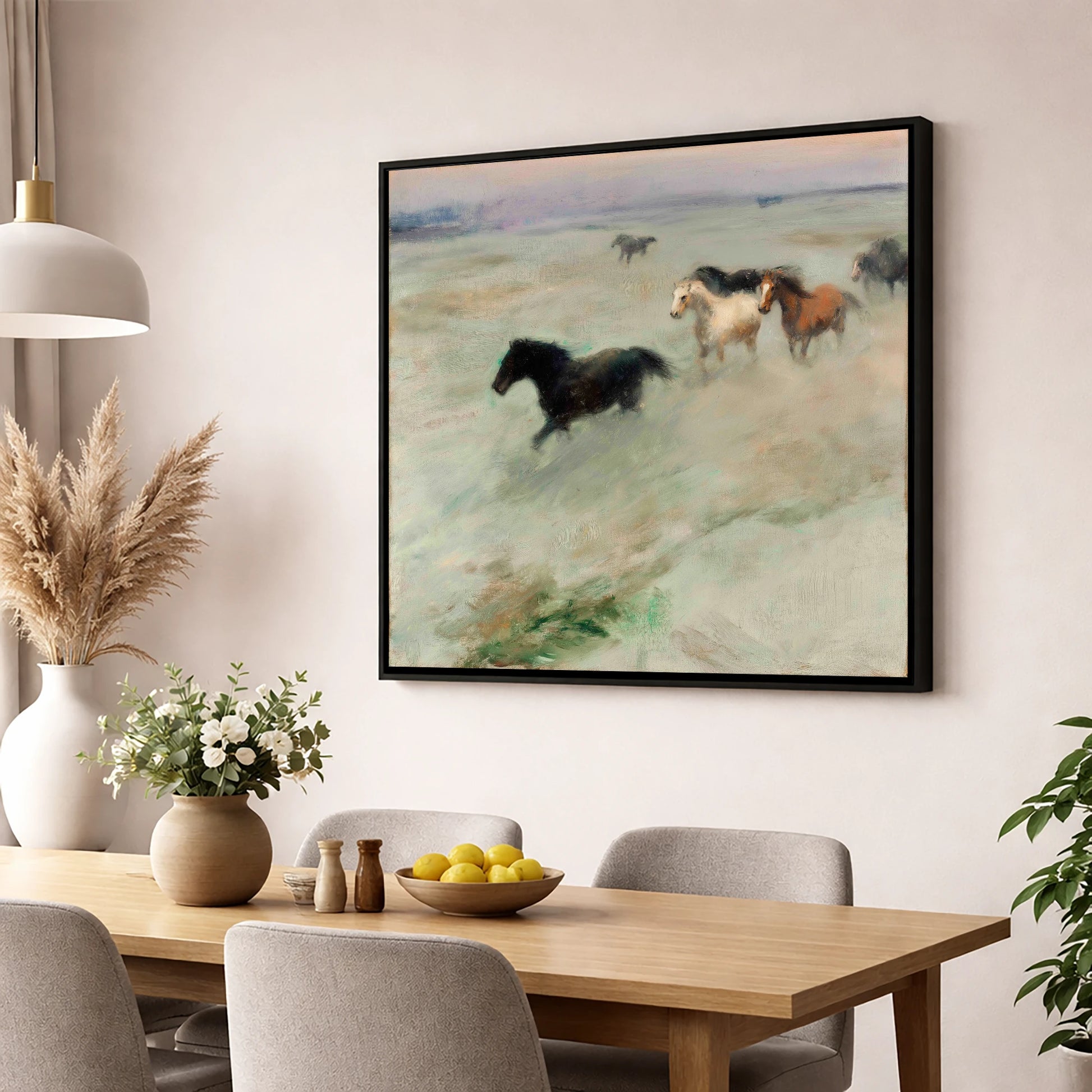 Through The Morning Mist wild horses wall art displayed in a dining room