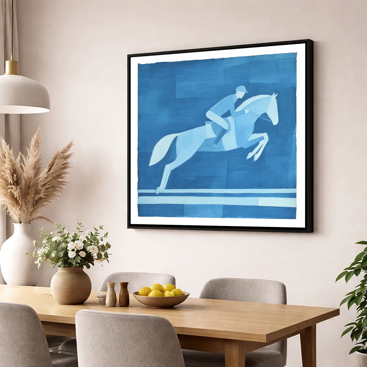 Azure Flight show jumping horse wall art displayed in a dining room