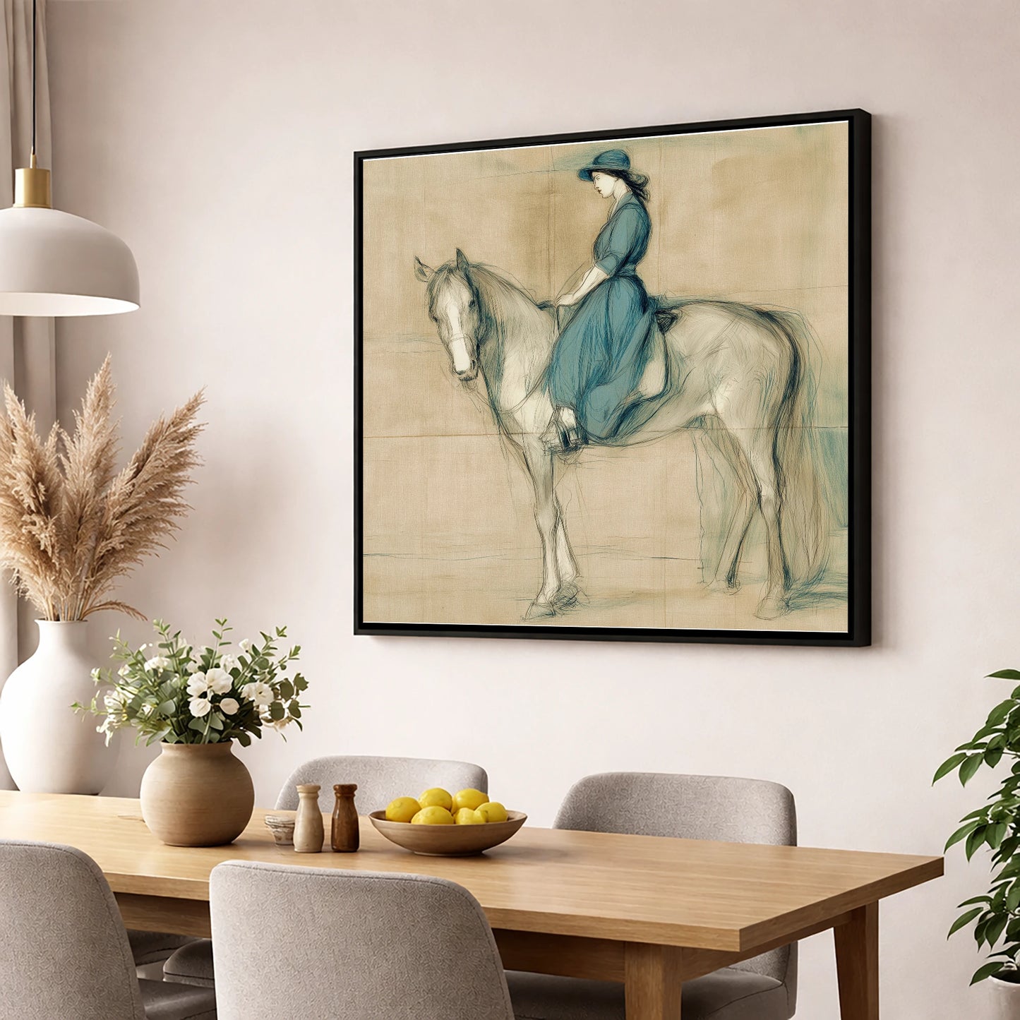 The Lady in Teal horse & rider wall art displayed in a dining room