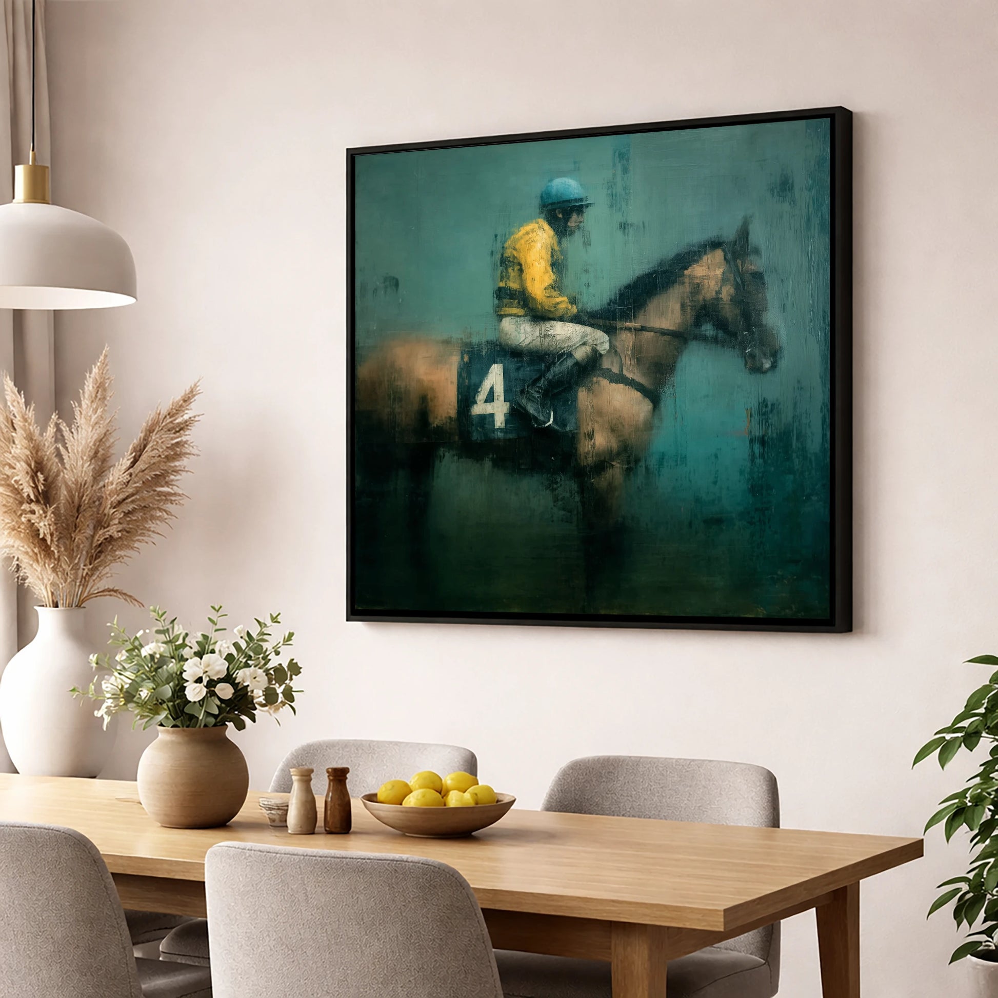 Before the Off racing horse wall art displayed in a dining room