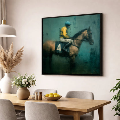 Before the Off racing horse wall art displayed in a dining room