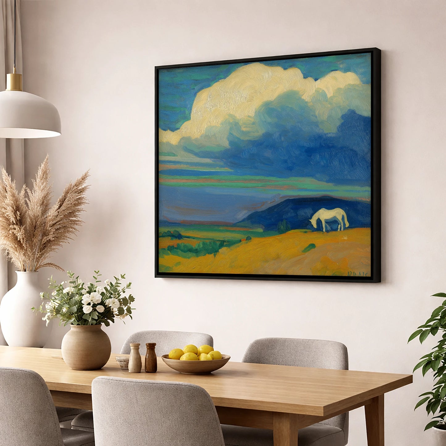 Grazing Beneath Big Skies horse landscape wall art displayed in a dining room