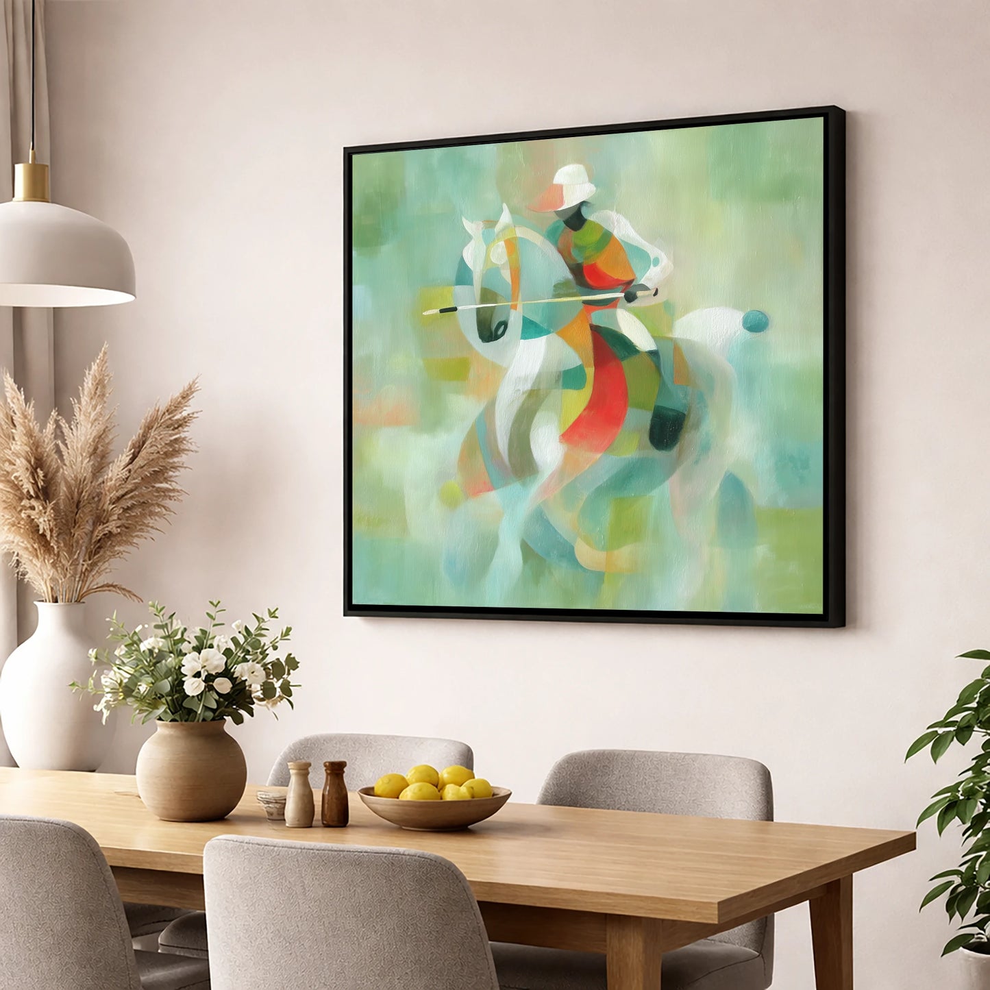 Harmonious Chukka polo horse wall art displayed in a dining room