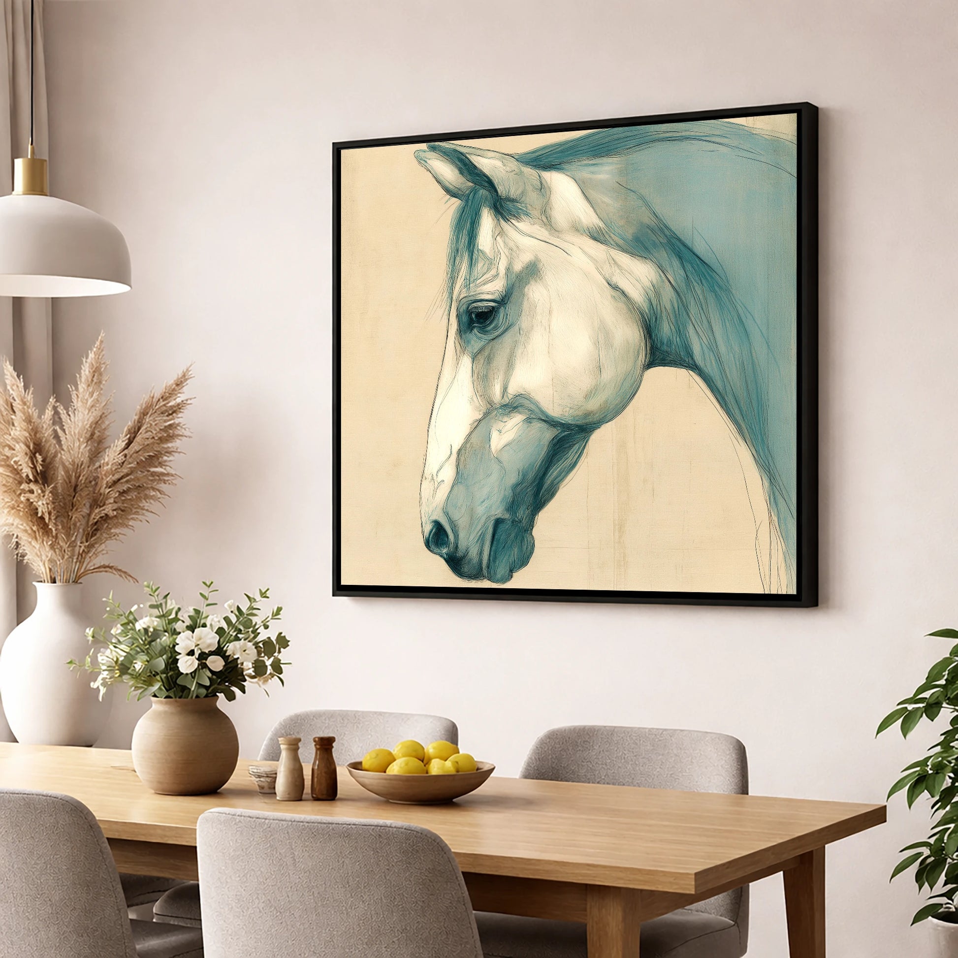 Teal Wash Portrait horse portrait wall art displayed in a dining room