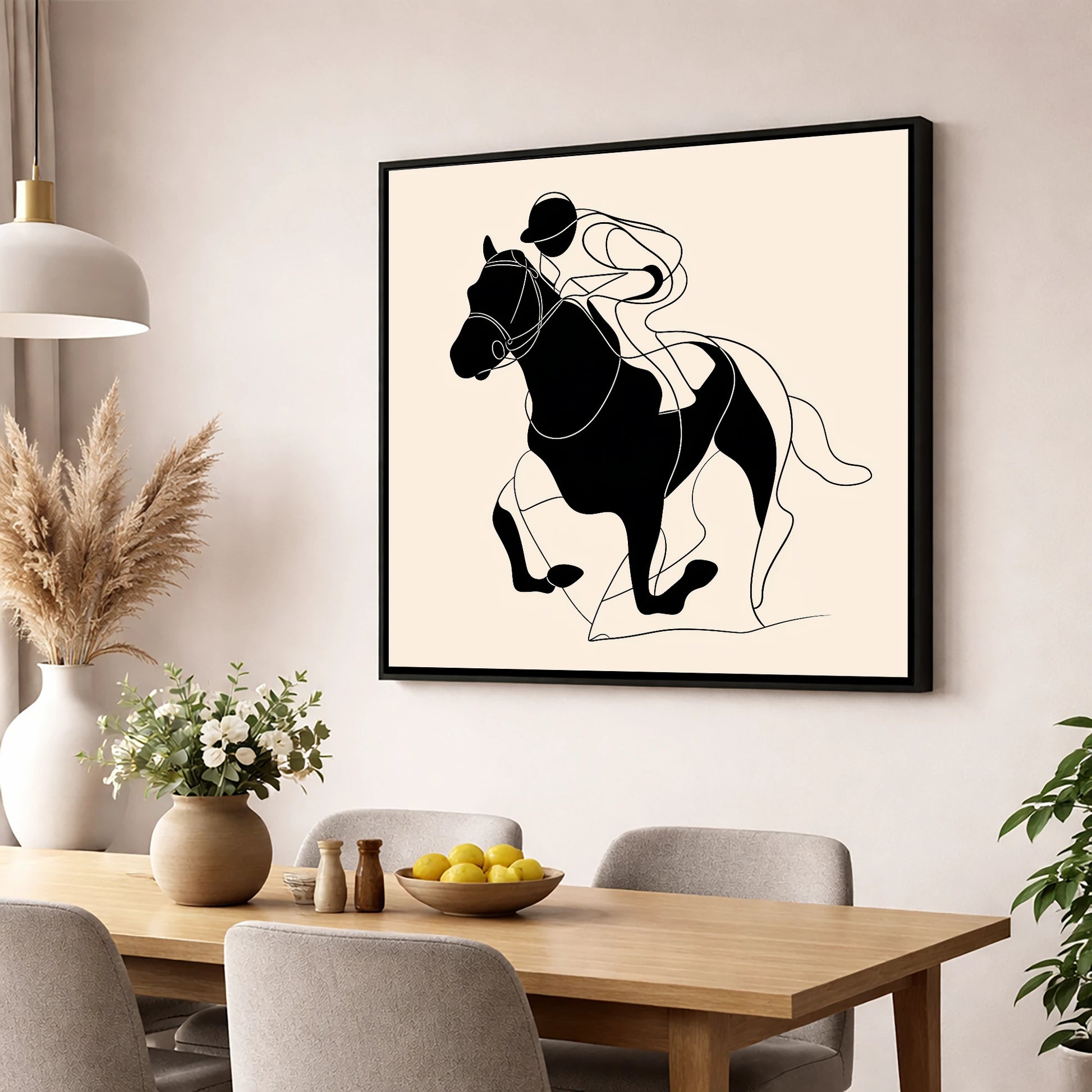 Fluid Racing Form racing horse wall art displayed in a dining room
