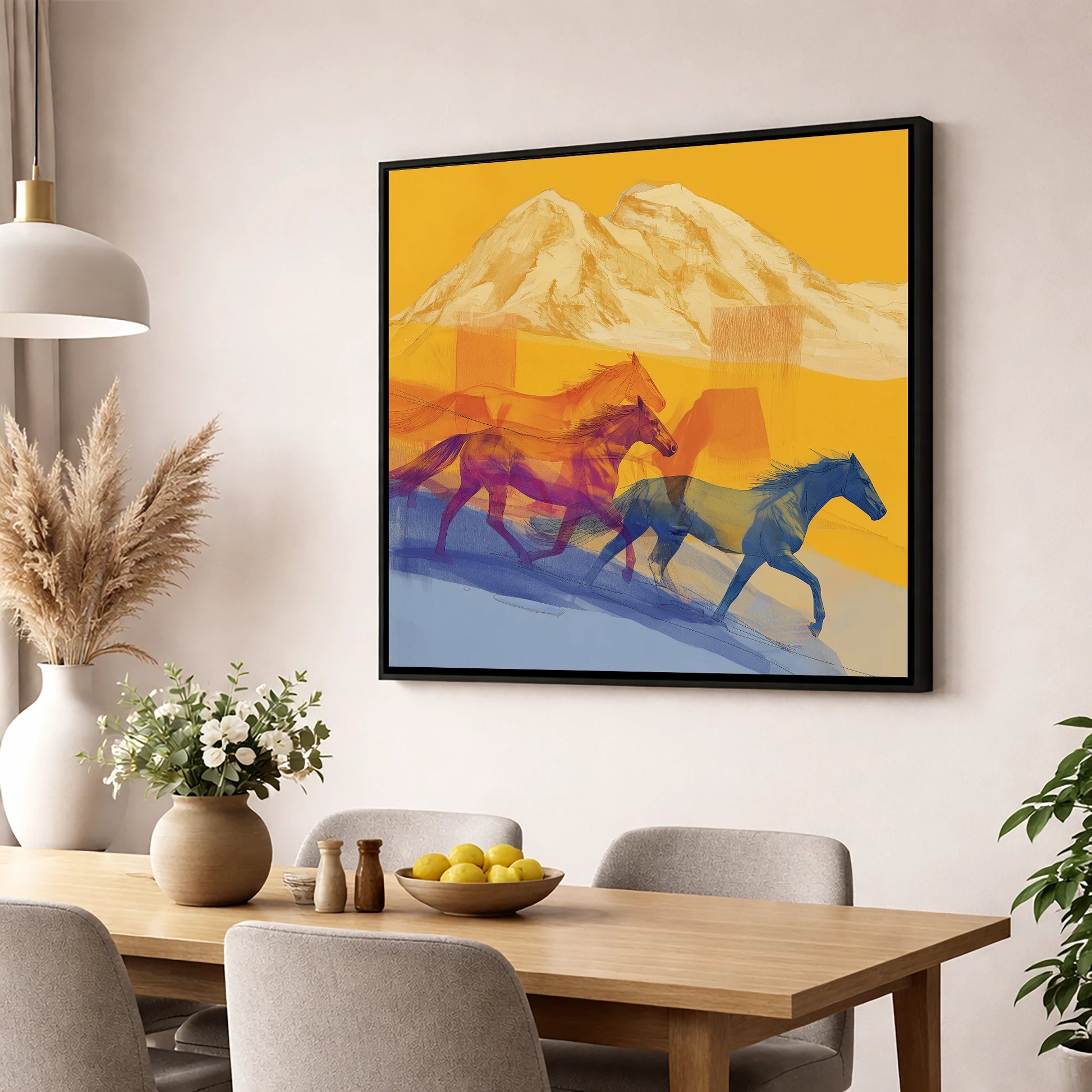 Golden Mountain Canter horse landscape wall art displayed in a dining room