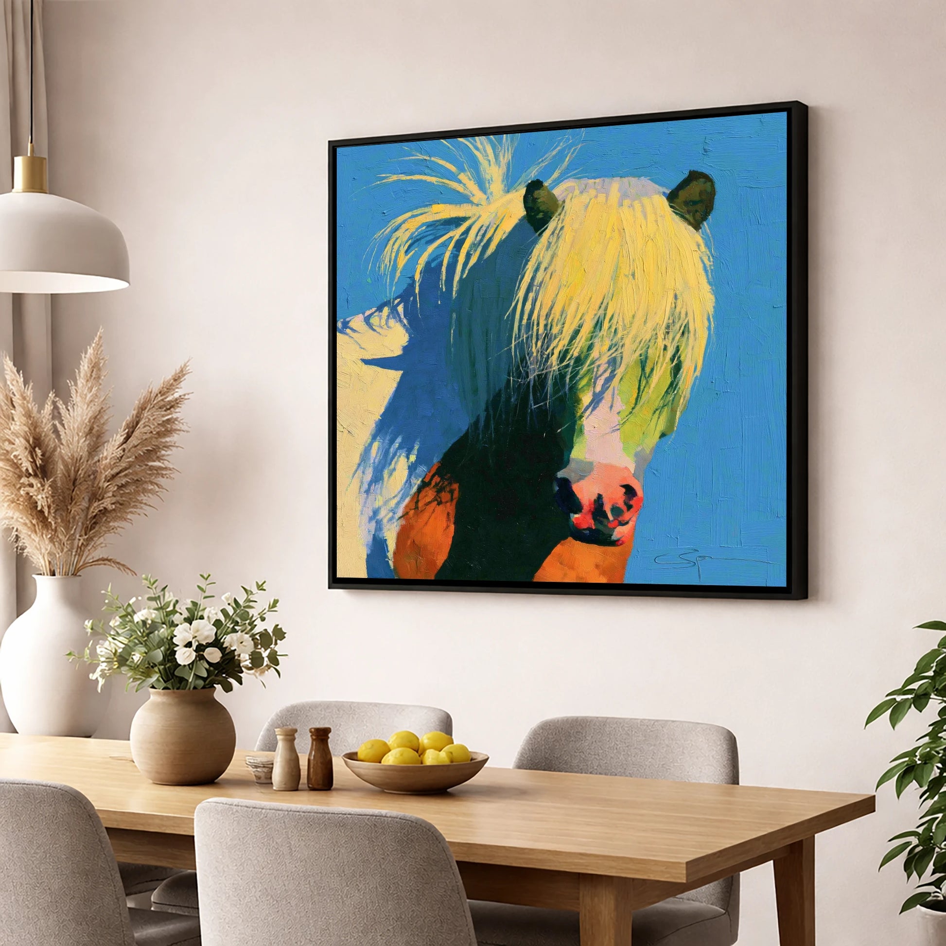 Thick Maned Pony in Blue horse breed wall art displayed in a dining room