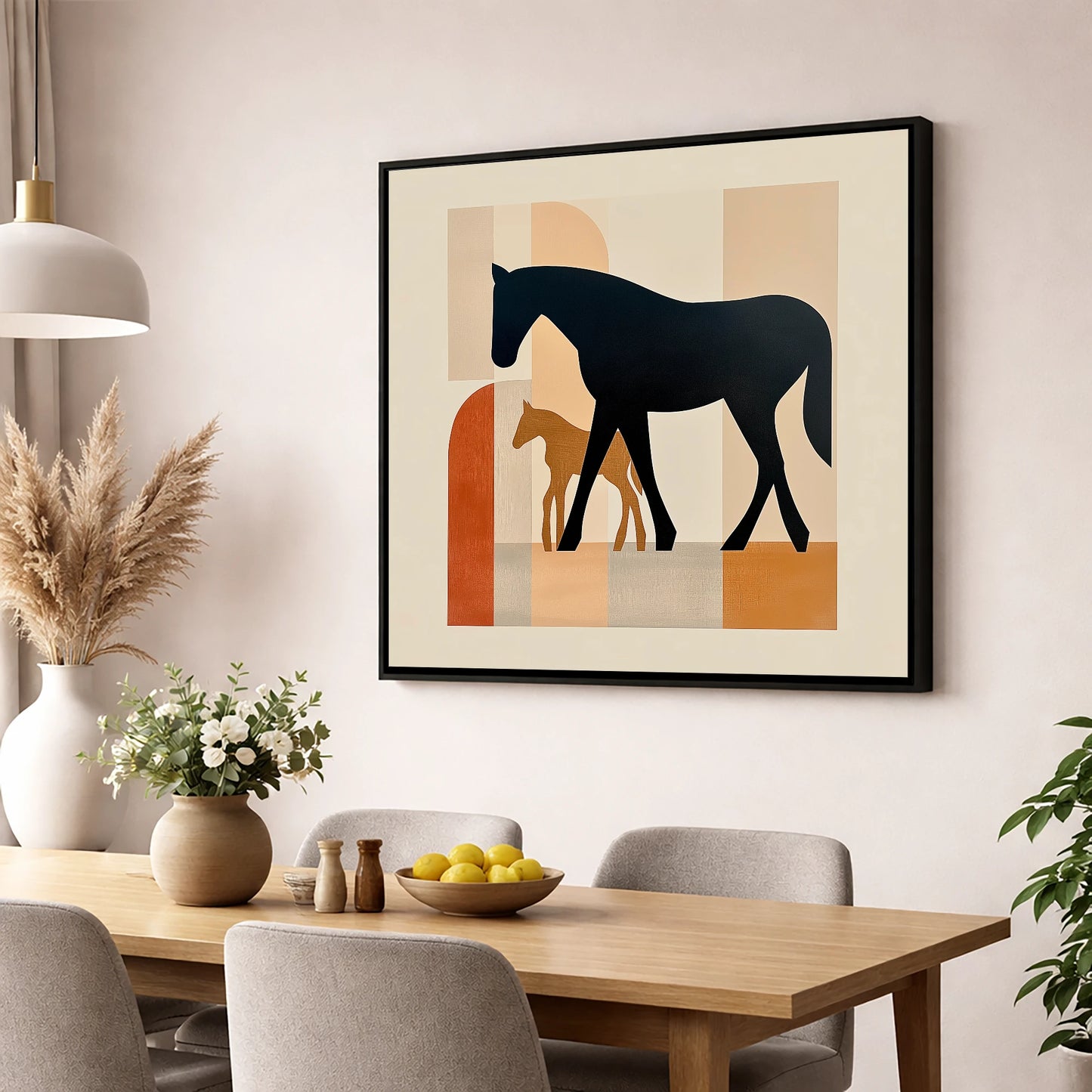 Mid-Century Maternal Bond mare & foal wall art displayed in a dining room