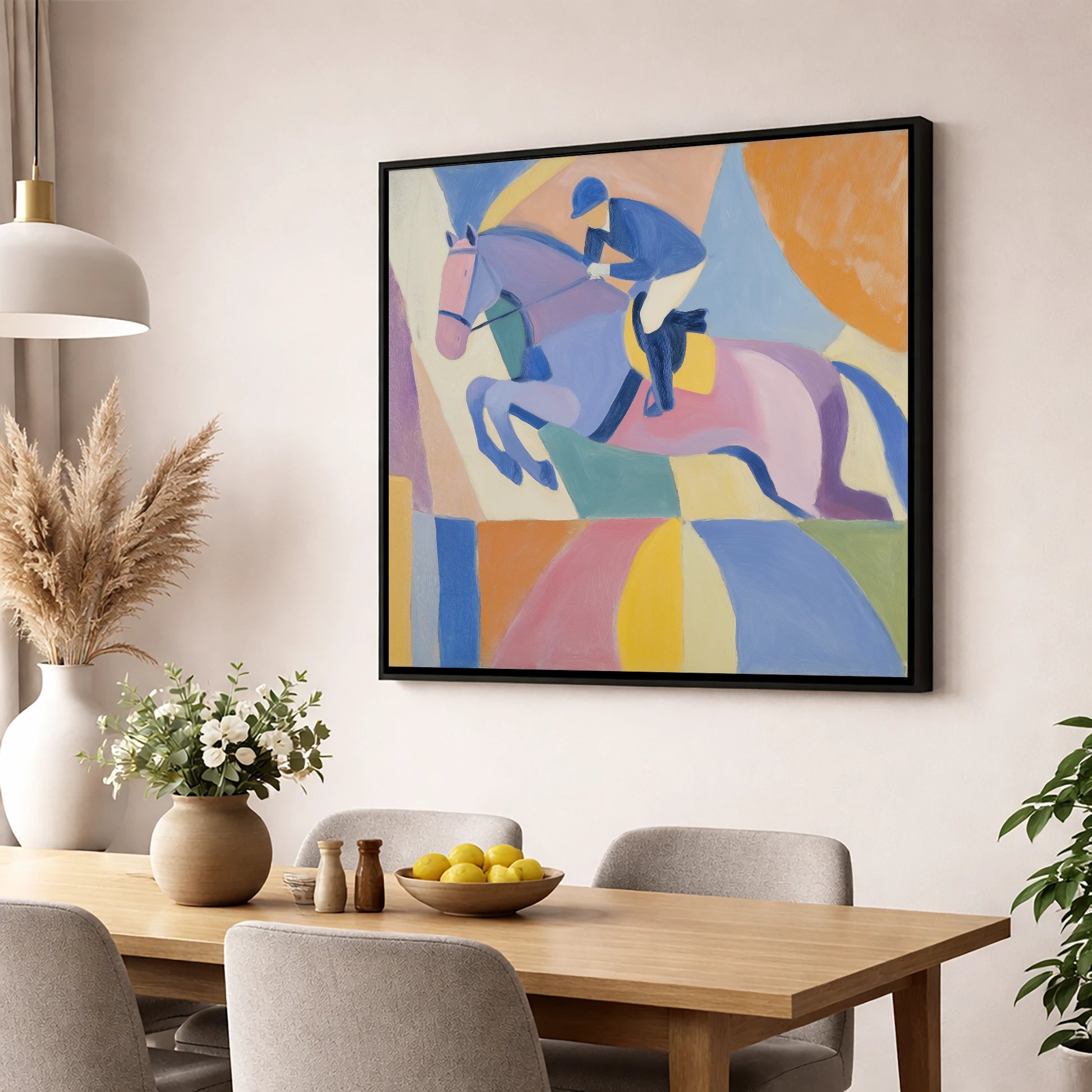 Geometric Flight show jumping horse wall art displayed in a dining room