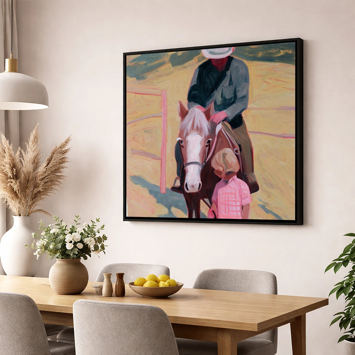 The Gentle Lesson horse & rider wall art displayed in a dining room