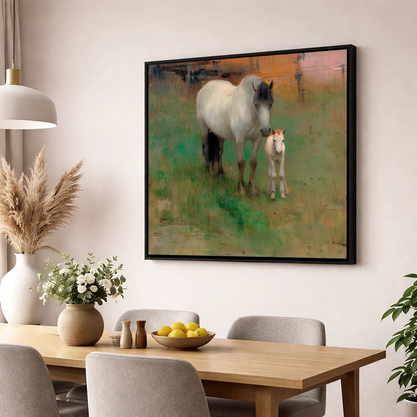 Quiet Pasture Companions mare & foal wall art displayed in a dining room