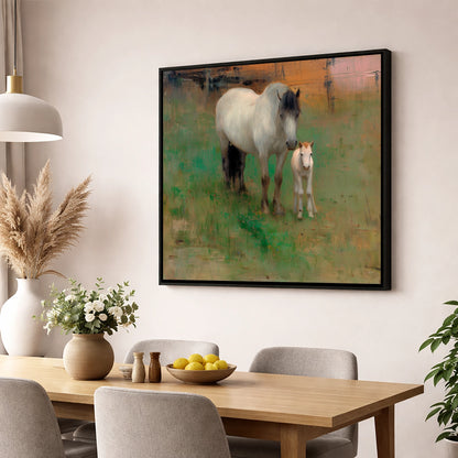 Quiet Pasture Companions mare & foal wall art displayed in a dining room