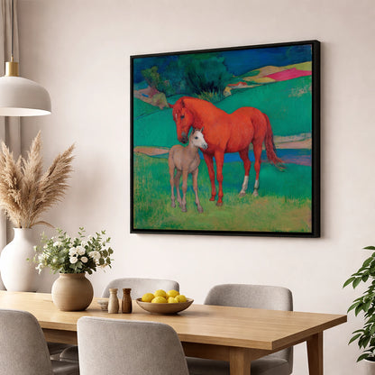 Vibrant Maternal Bond mare & foal wall art displayed in a dining room