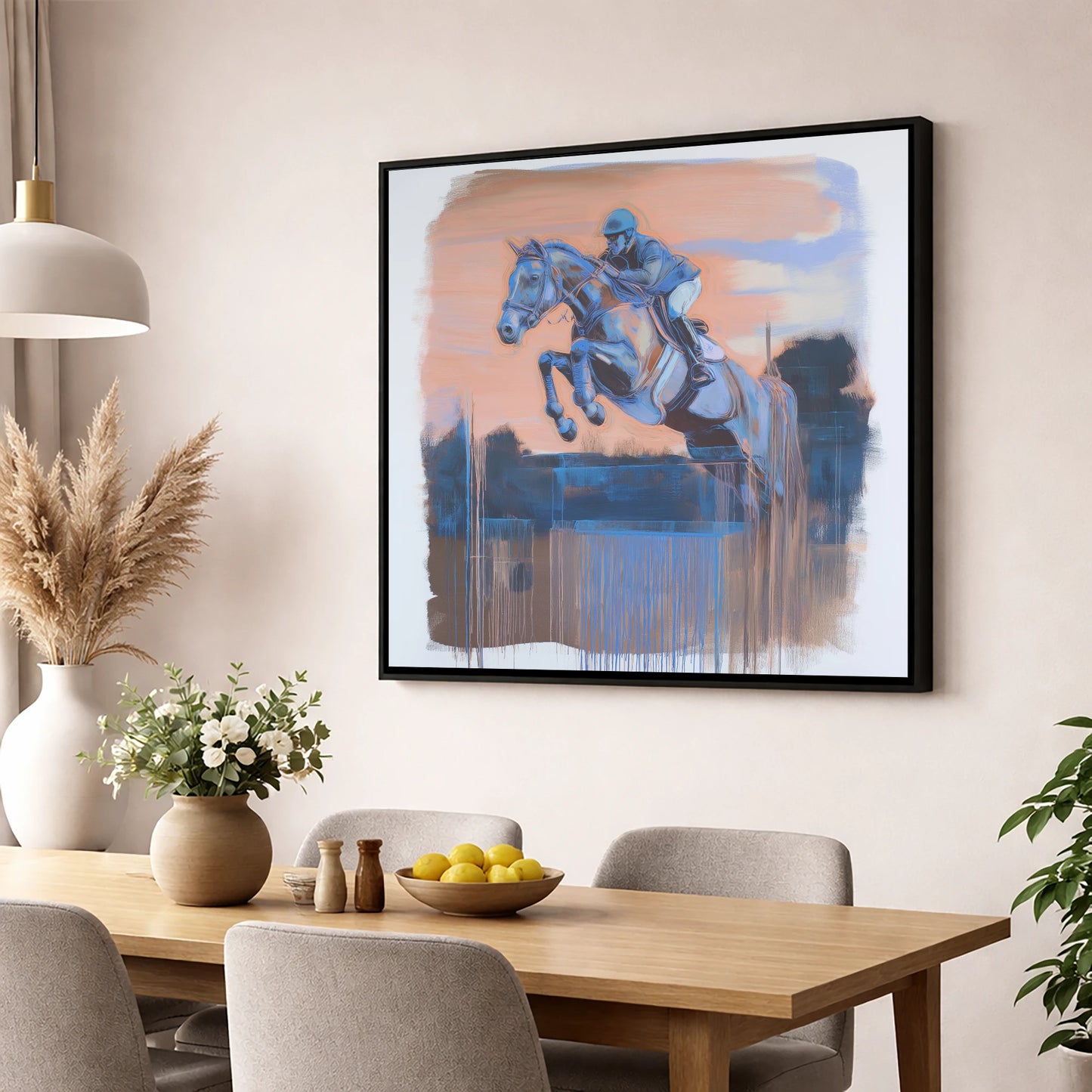 Cobalt Clearance show jumping horse wall art displayed in a dining room