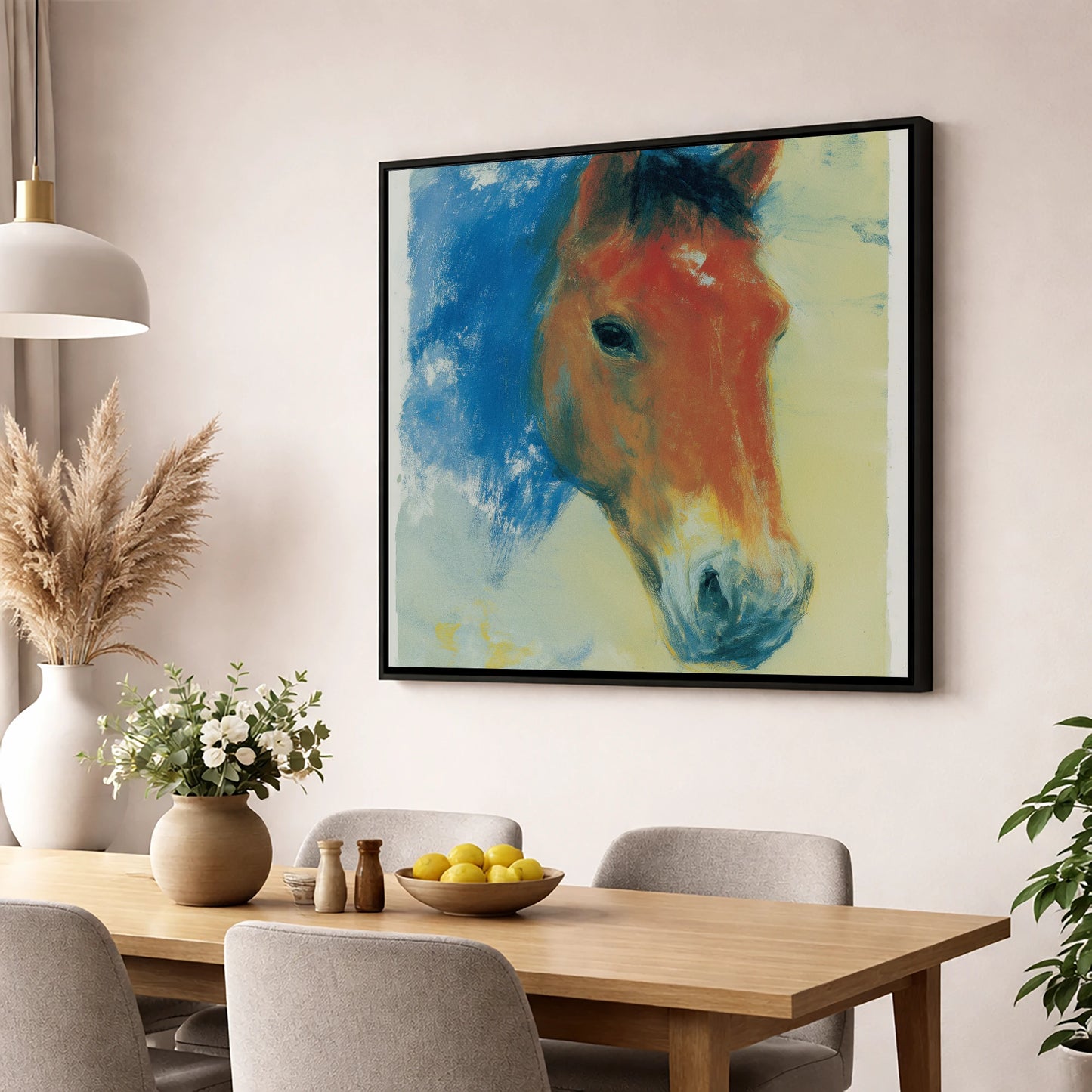 Expressive Cerulean Equine Study horse portrait wall art displayed in a dining room