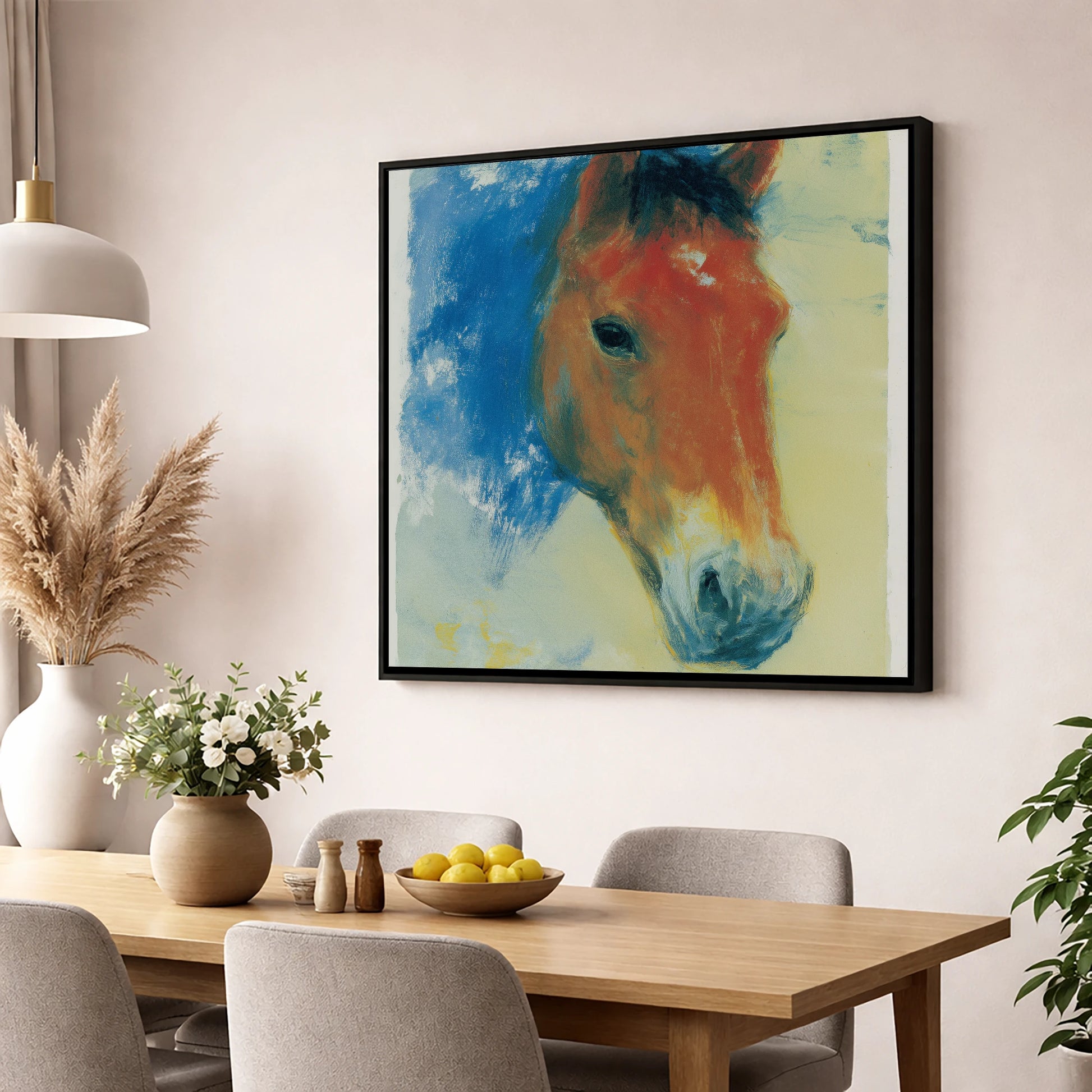 Expressive Cerulean Equine Study horse portrait wall art displayed in a dining room
