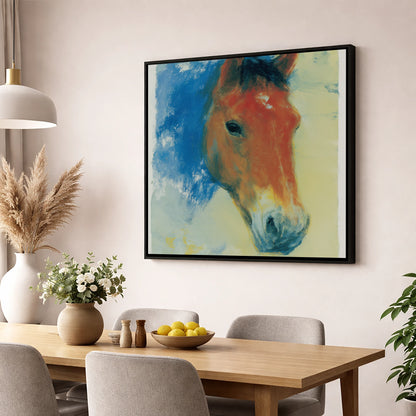 Expressive Cerulean Equine Study horse portrait wall art displayed in a dining room