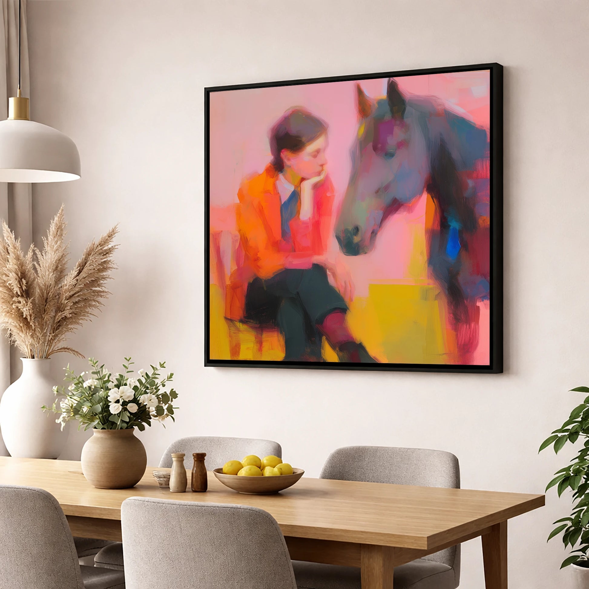 Vivid Connection horse & rider wall art displayed in a dining room