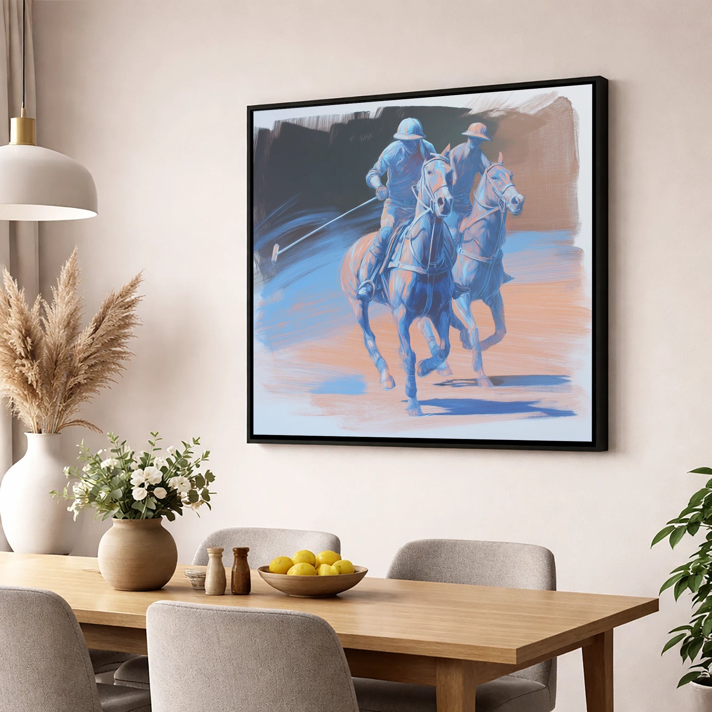 Cobalt Polo Pursuit polo horse wall art displayed in a dining room