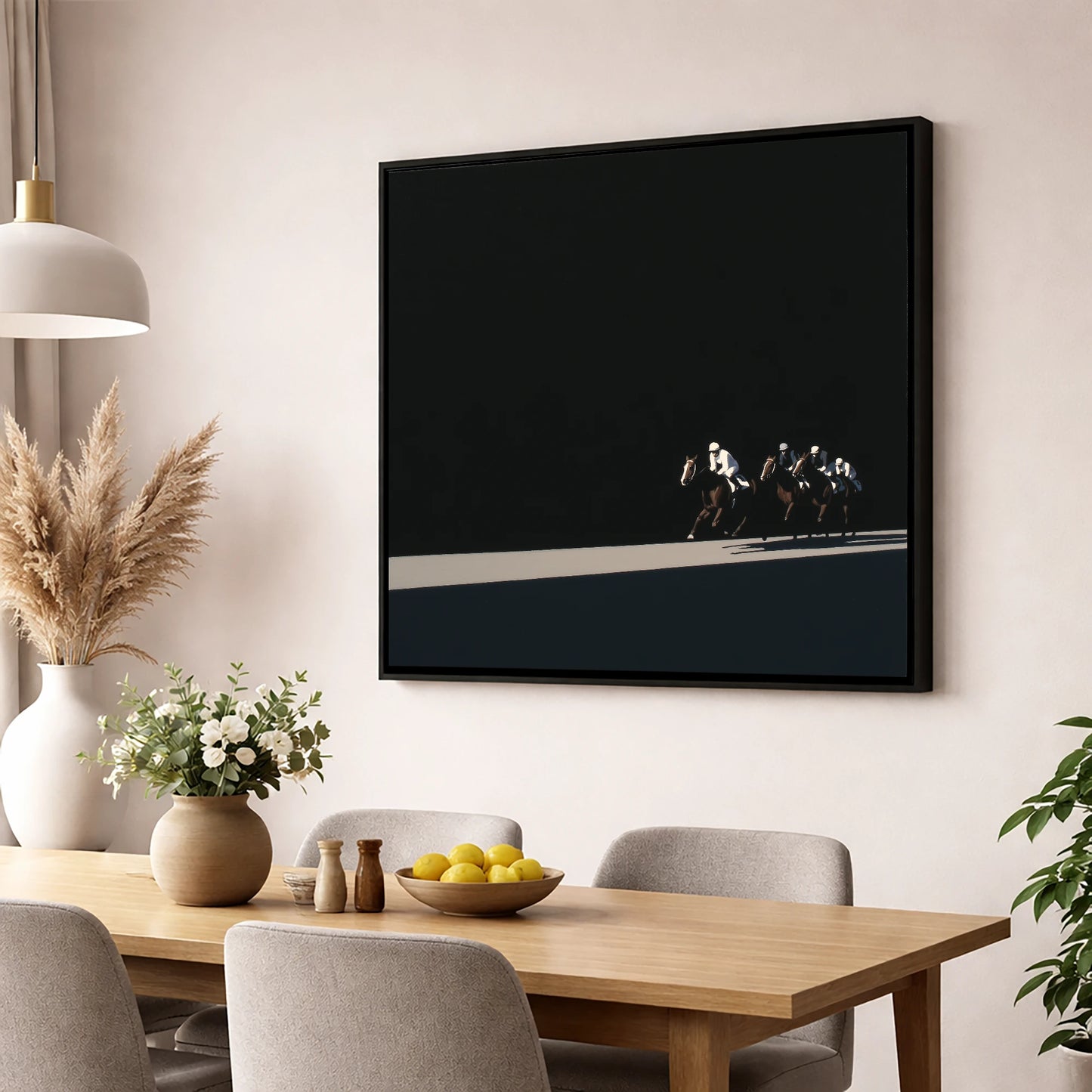 Speed in Shadows racing horse wall art displayed in a dining room