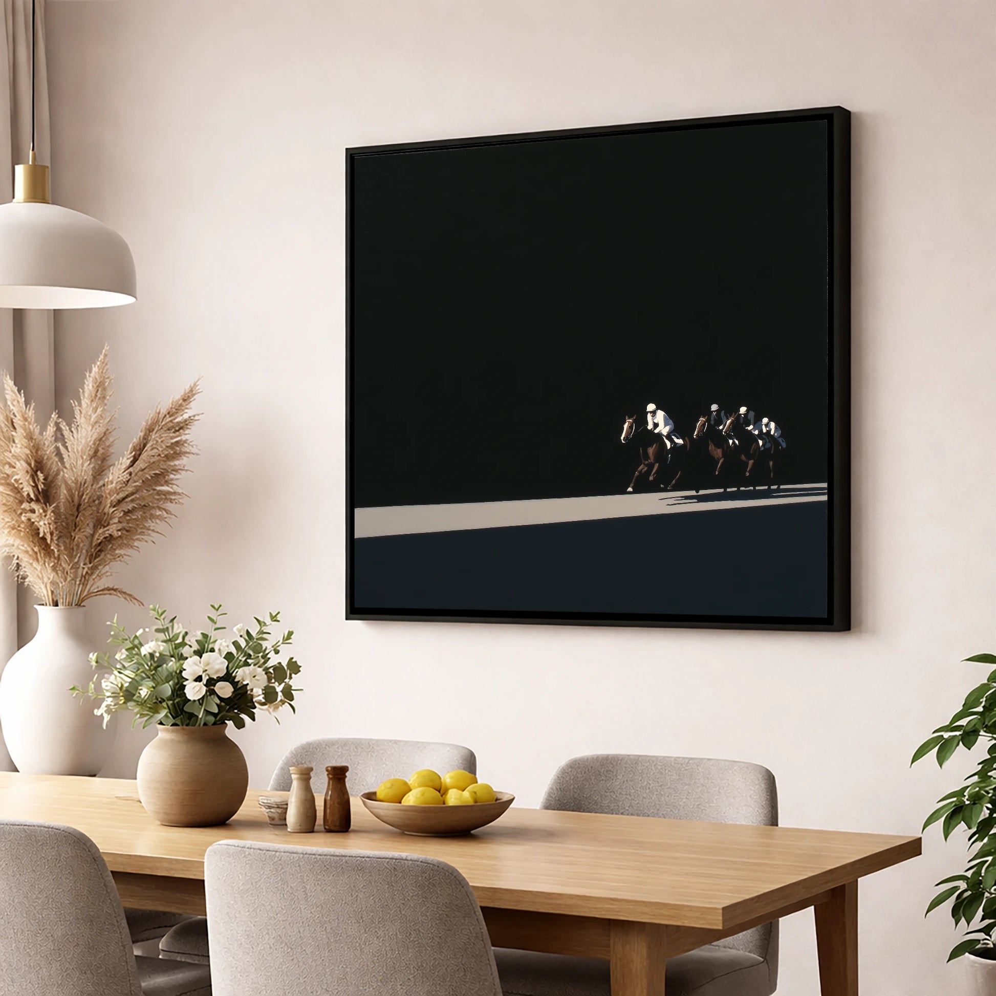 Speed in Shadows racing horse wall art displayed in a dining room