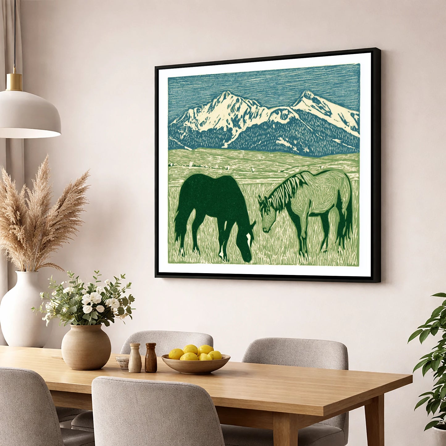Alpine Grazing horse landscape wall art displayed in a dining room