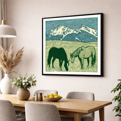 Alpine Grazing horse landscape wall art displayed in a dining room