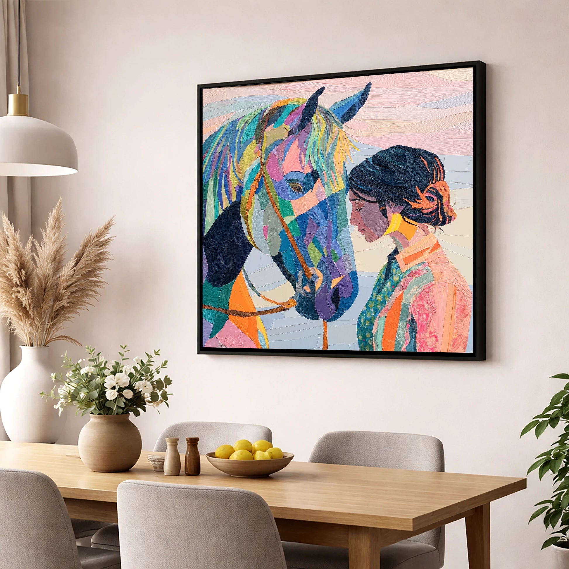 Vibrant Harmony horse & rider wall art displayed in a dining room