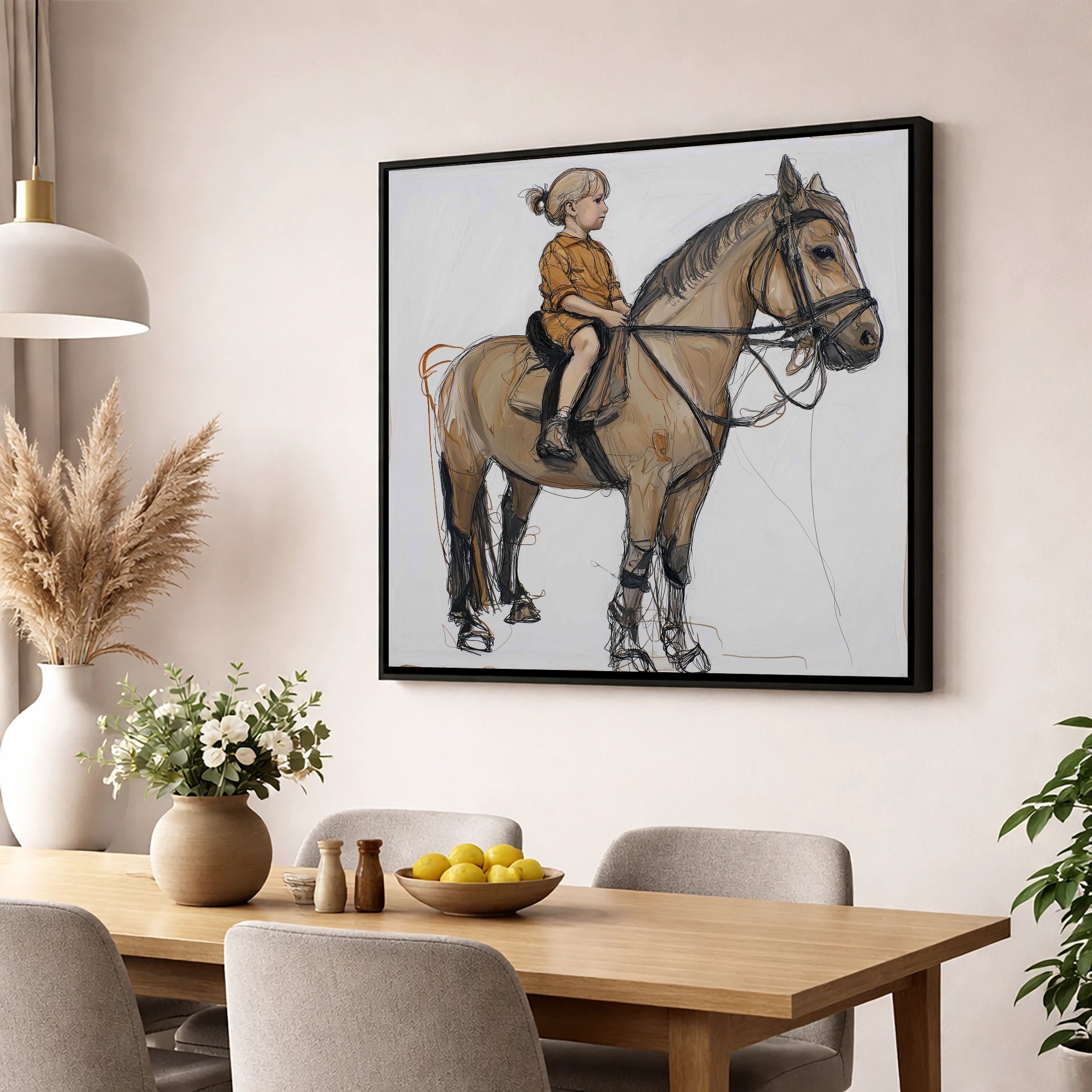 First Lessons horse & rider wall art displayed in a dining room