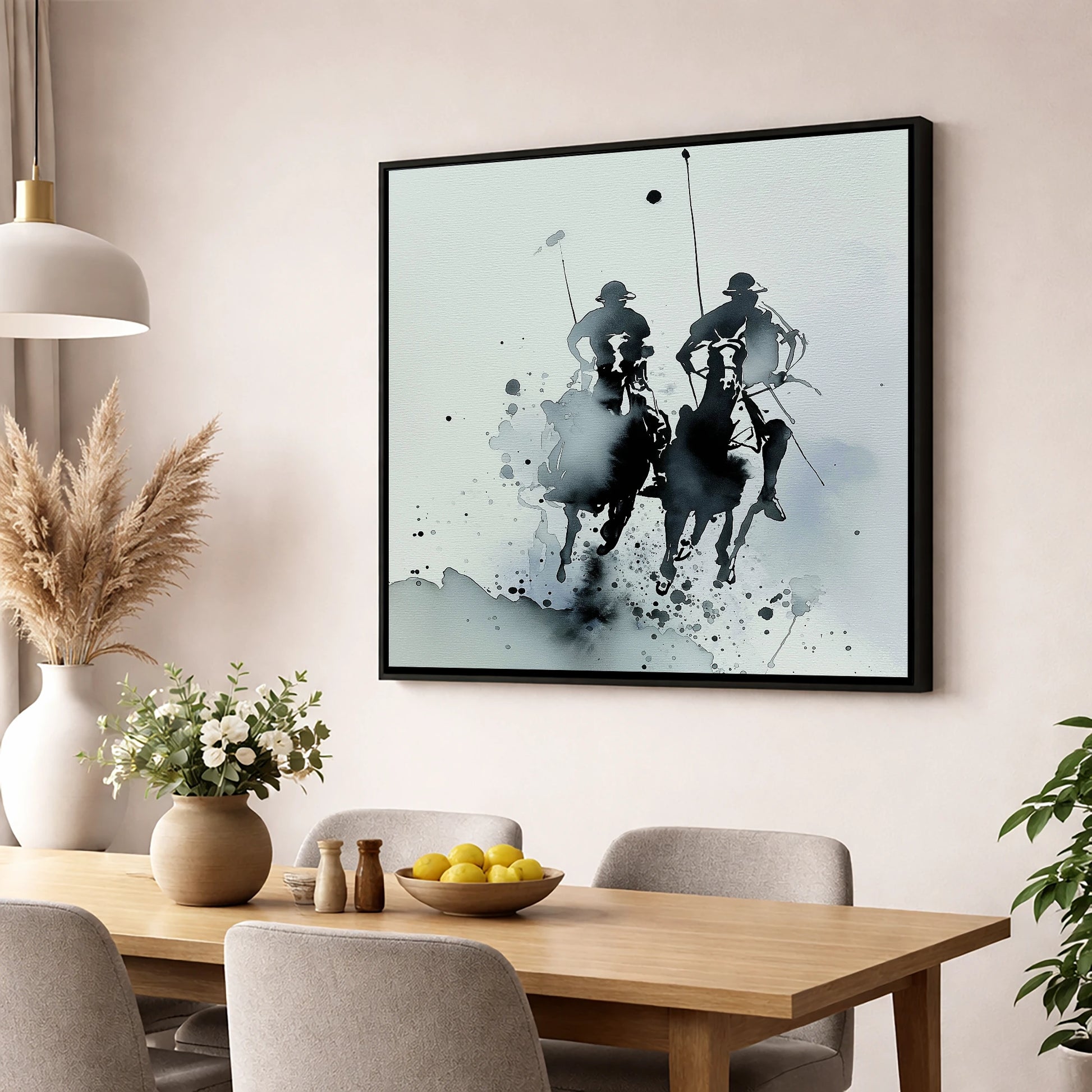 Charge of the Chukka polo horse wall art displayed in a dining room