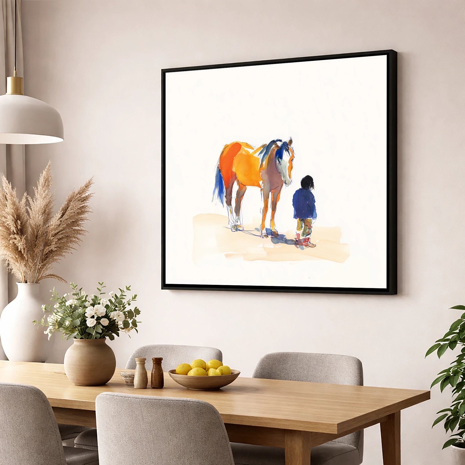 Vibrant Connection horse & rider wall art displayed in a dining room