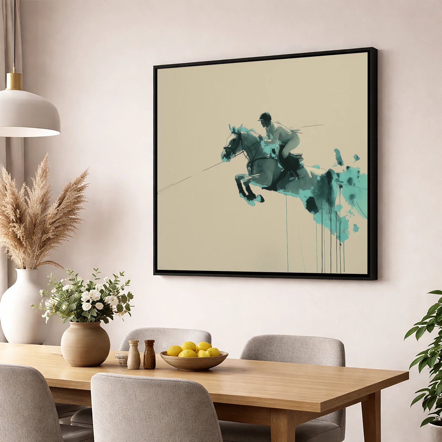Suspended In Teal show jumping horse wall art displayed in a dining room