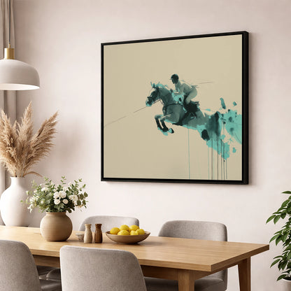 Suspended In Teal show jumping horse wall art displayed in a dining room