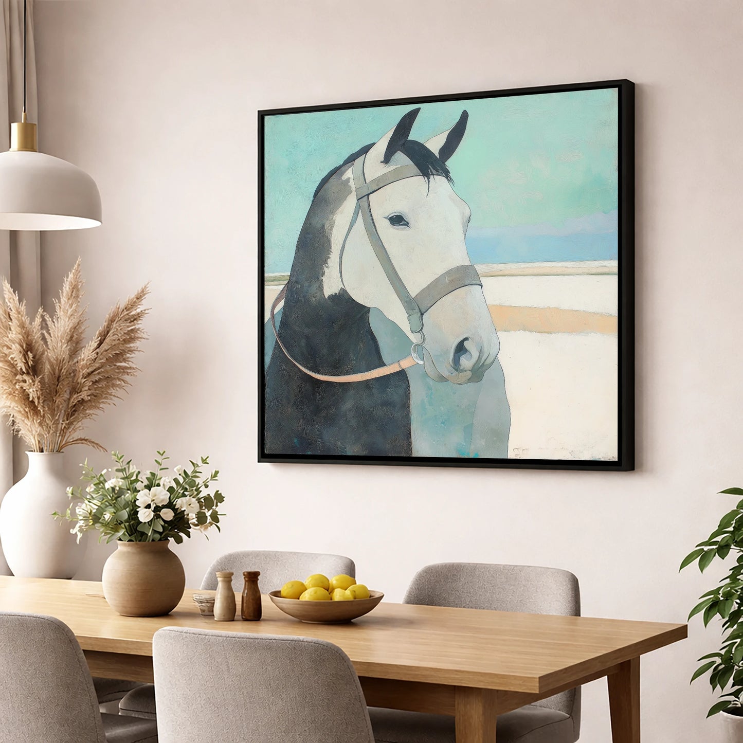 Modern Working Grey working horse wall art displayed in a dining room