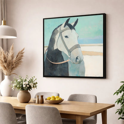 Modern Working Grey working horse wall art displayed in a dining room