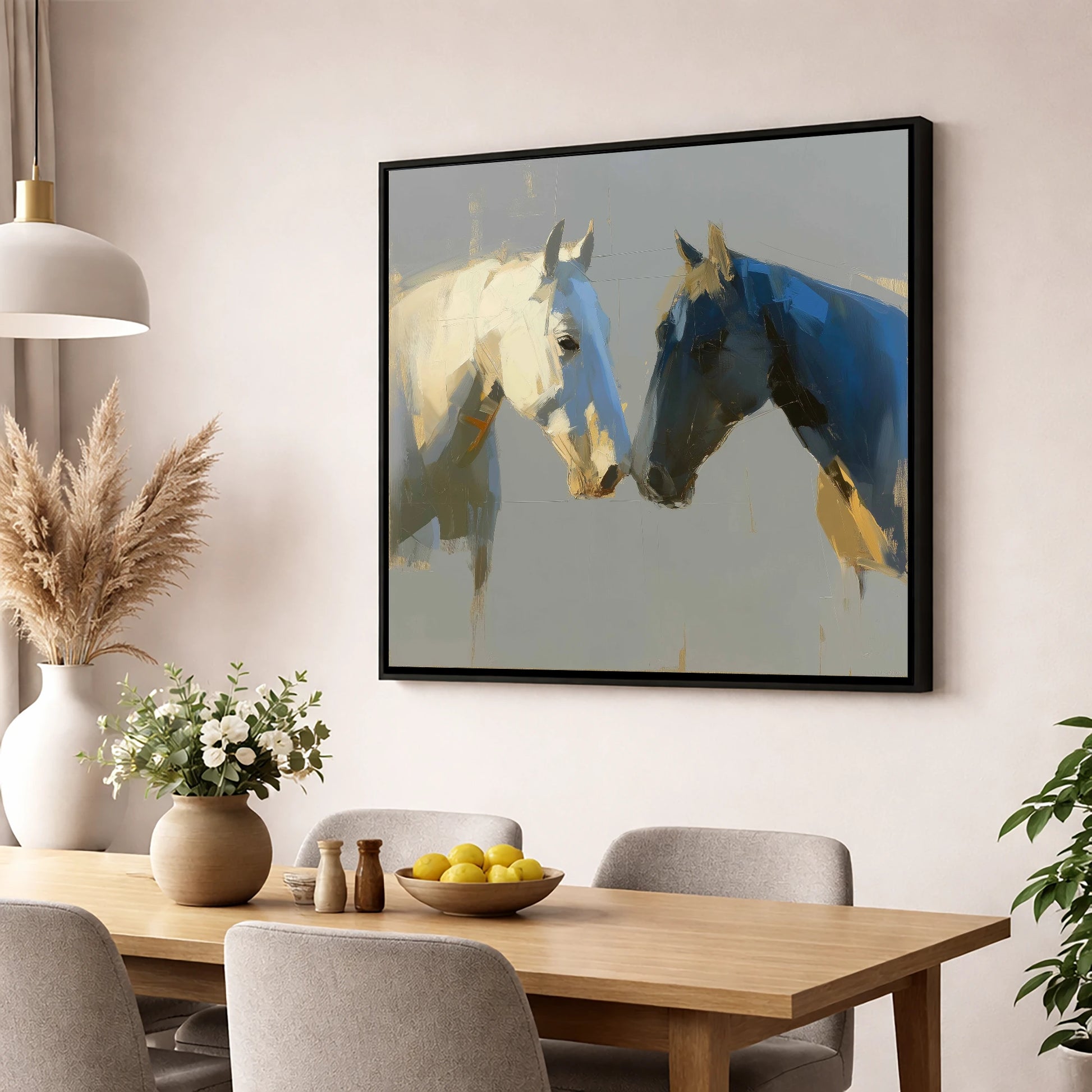 Quiet Encounter horse portrait wall art displayed in a dining room