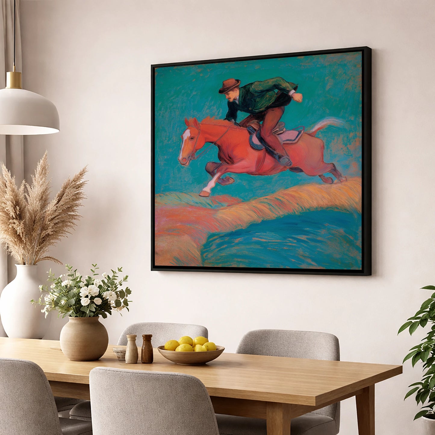 The Bold Leap show jumping horse wall art displayed in a dining room