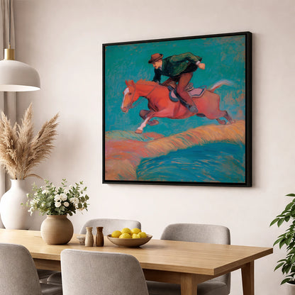 The Bold Leap show jumping horse wall art displayed in a dining room