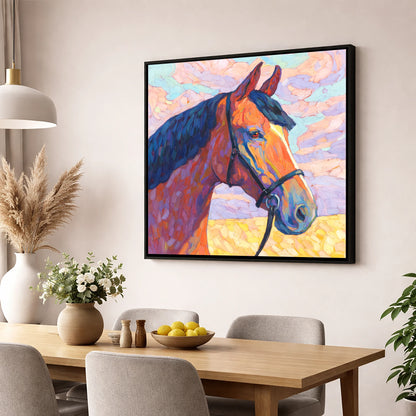 Painted Bay Profile horse portrait wall art displayed in a dining room